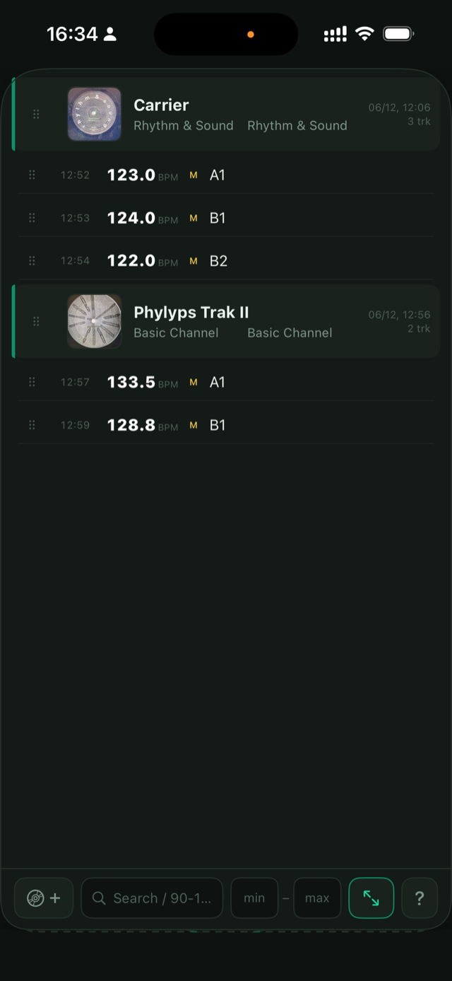 WaxMarker session log: full-screen album catalog with BPM records, search and BPM range filter