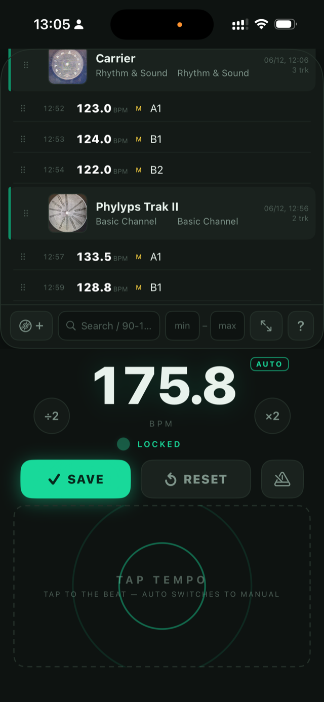 WaxMarker measure screen: large BPM readout with LOCKED indicator